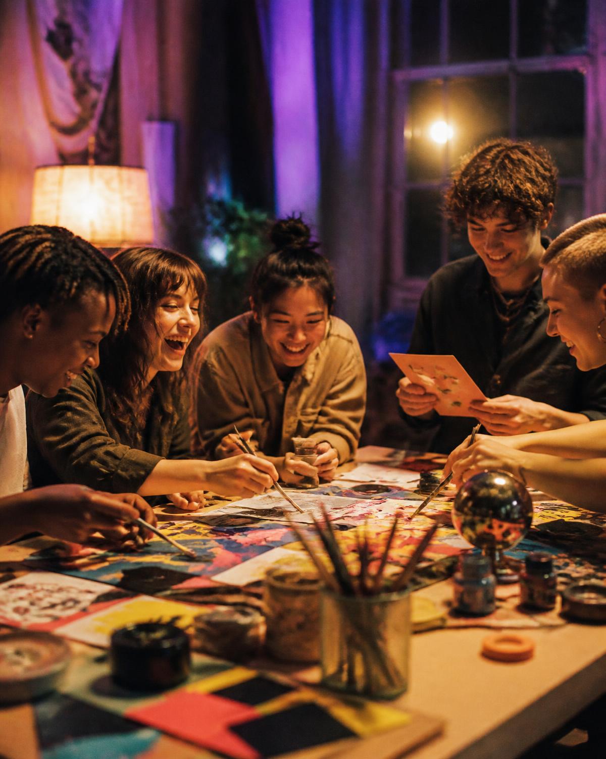 A group of friends laughing while making things together
