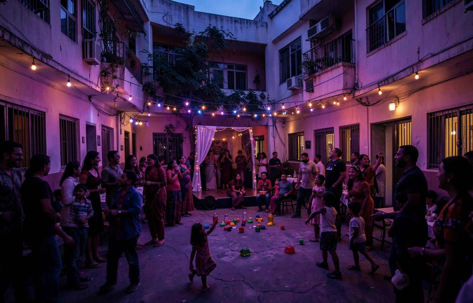 Families and children celebrating together in a community courtyard at dusk